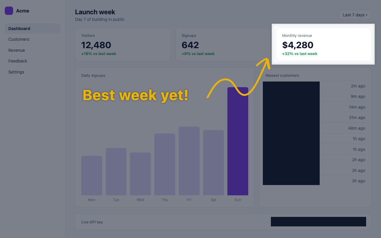 The same dashboard with the revenue card spotlighted, an arrow and a label pointing at it, and emails and an API key hidden